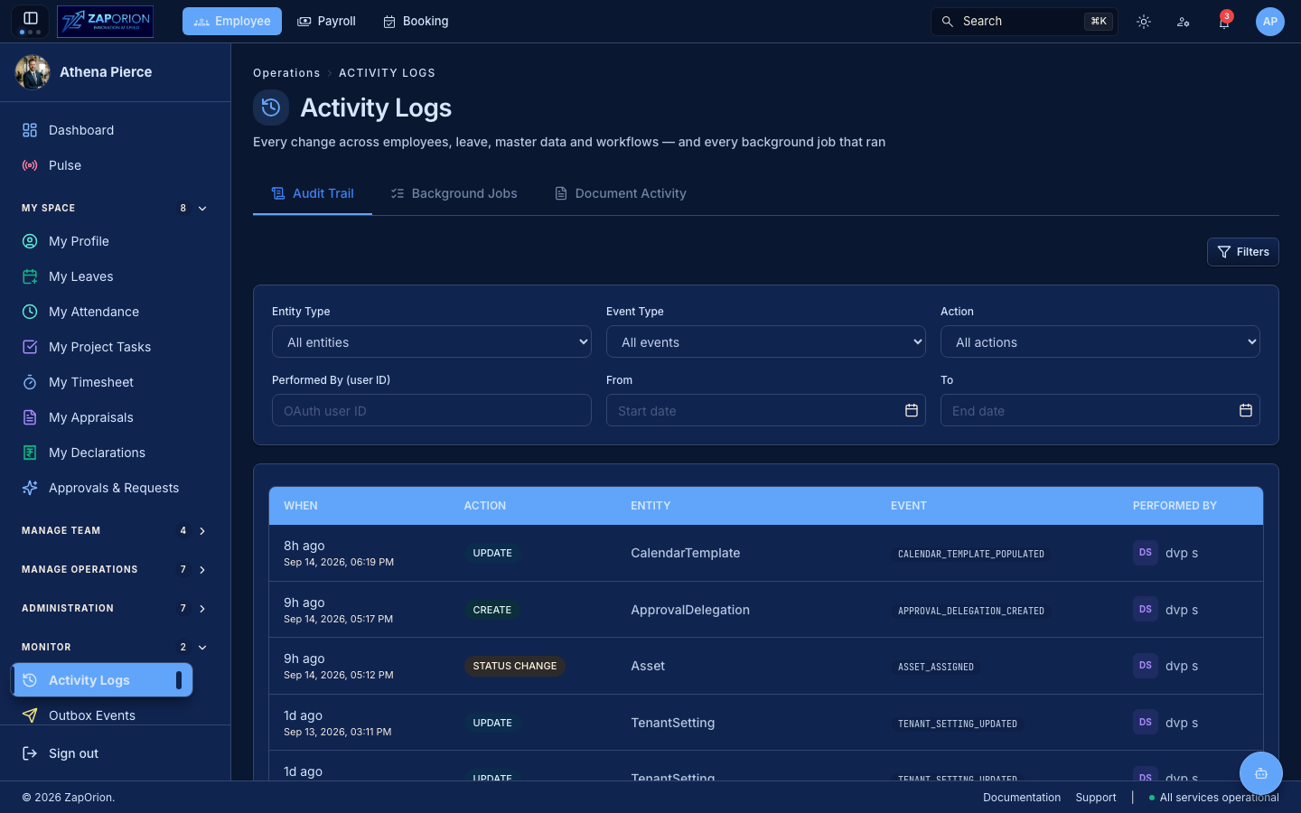 Activity Logs page