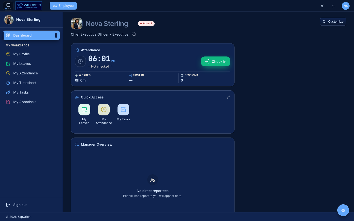 ZapOrion HRMS dashboard