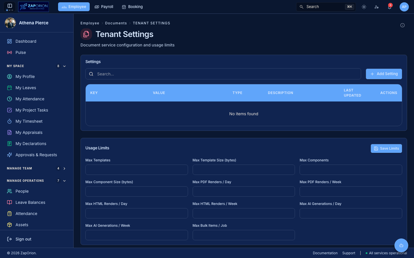 Documents tenant settings