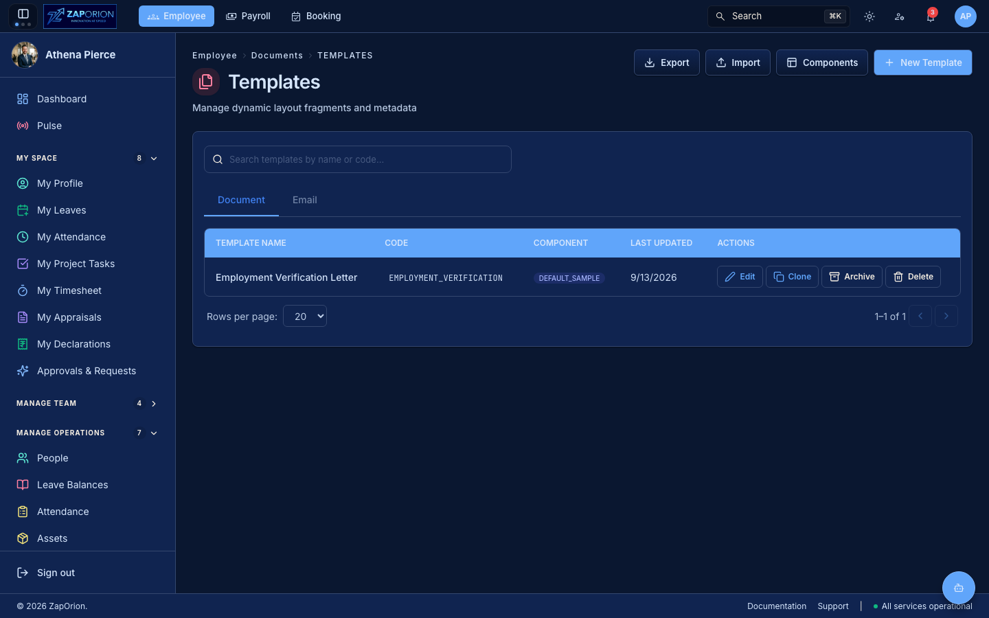 Document templates list