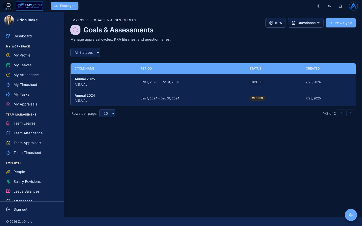 Goals & Assessments page