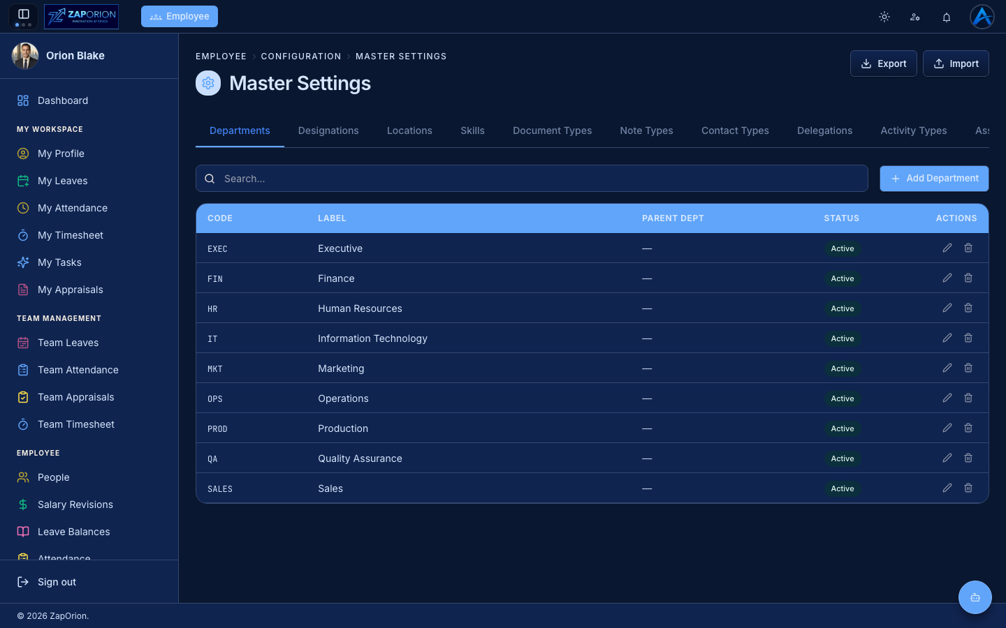 Master Settings page