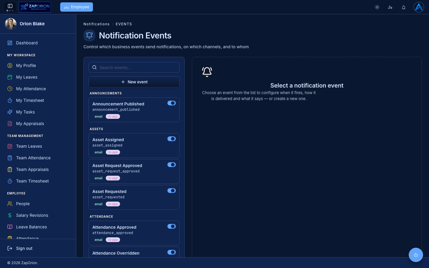 Notification Events page