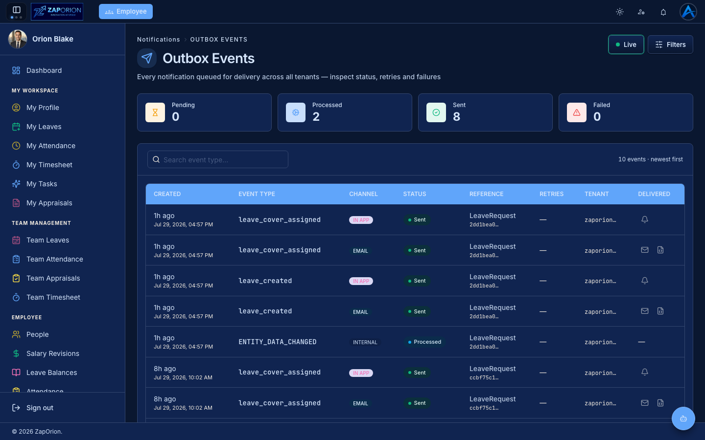 Outbox Events page