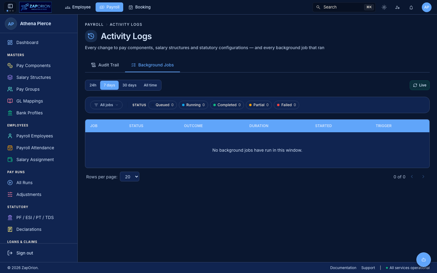 Payroll Activity Logs Background Jobs tab