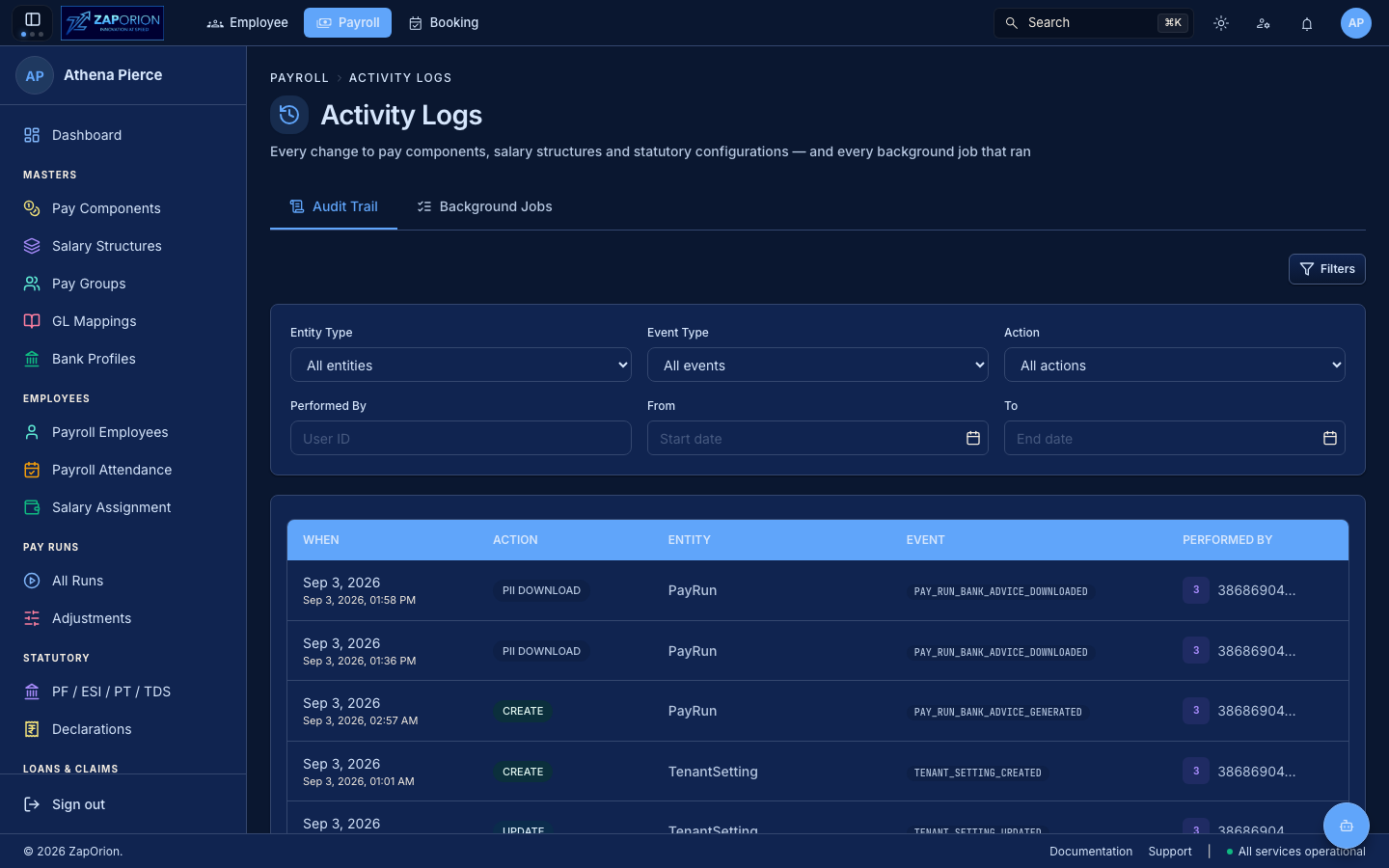 Payroll Activity Logs page