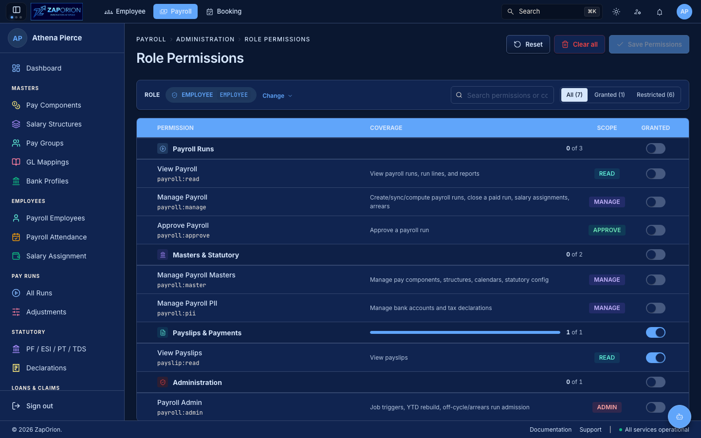 Payroll Role Permissions page