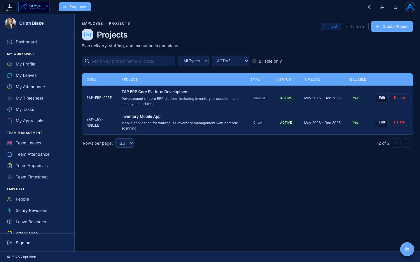 Projects page