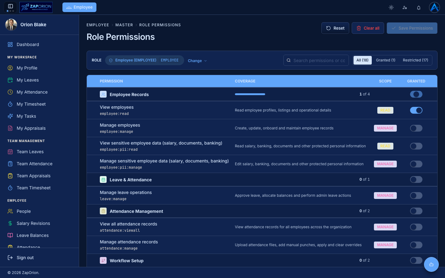 Role Permissions page