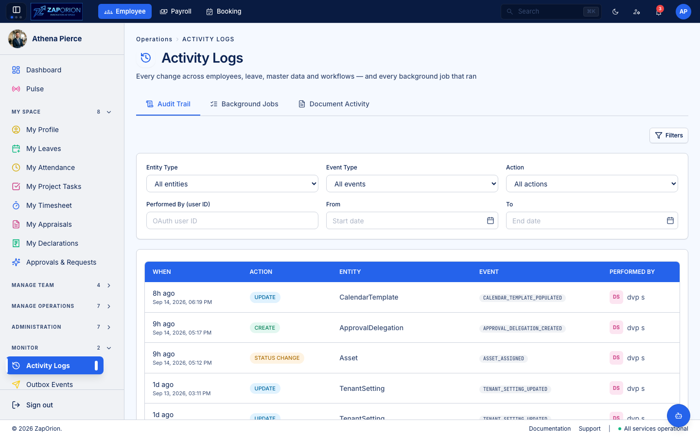 Activity Logs page