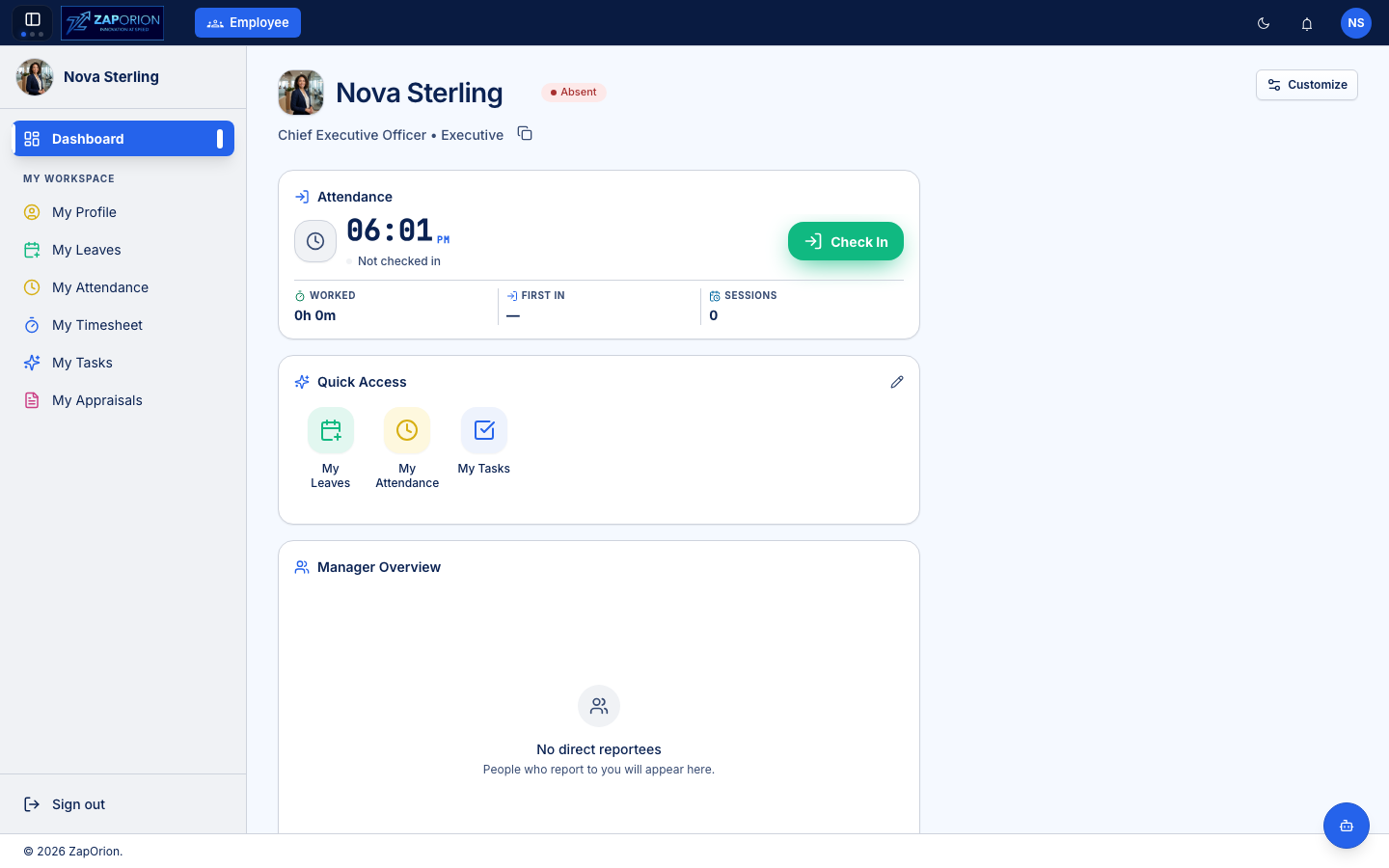 ZapOrion HRMS dashboard