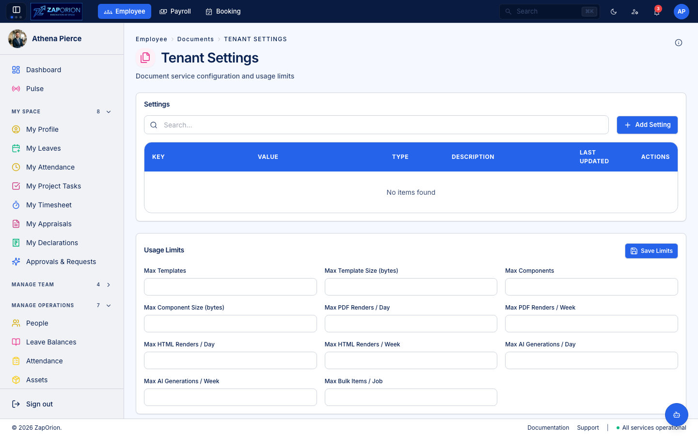 Documents tenant settings