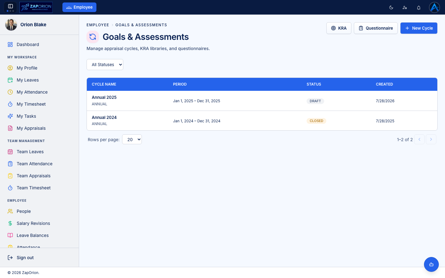 Goals & Assessments page