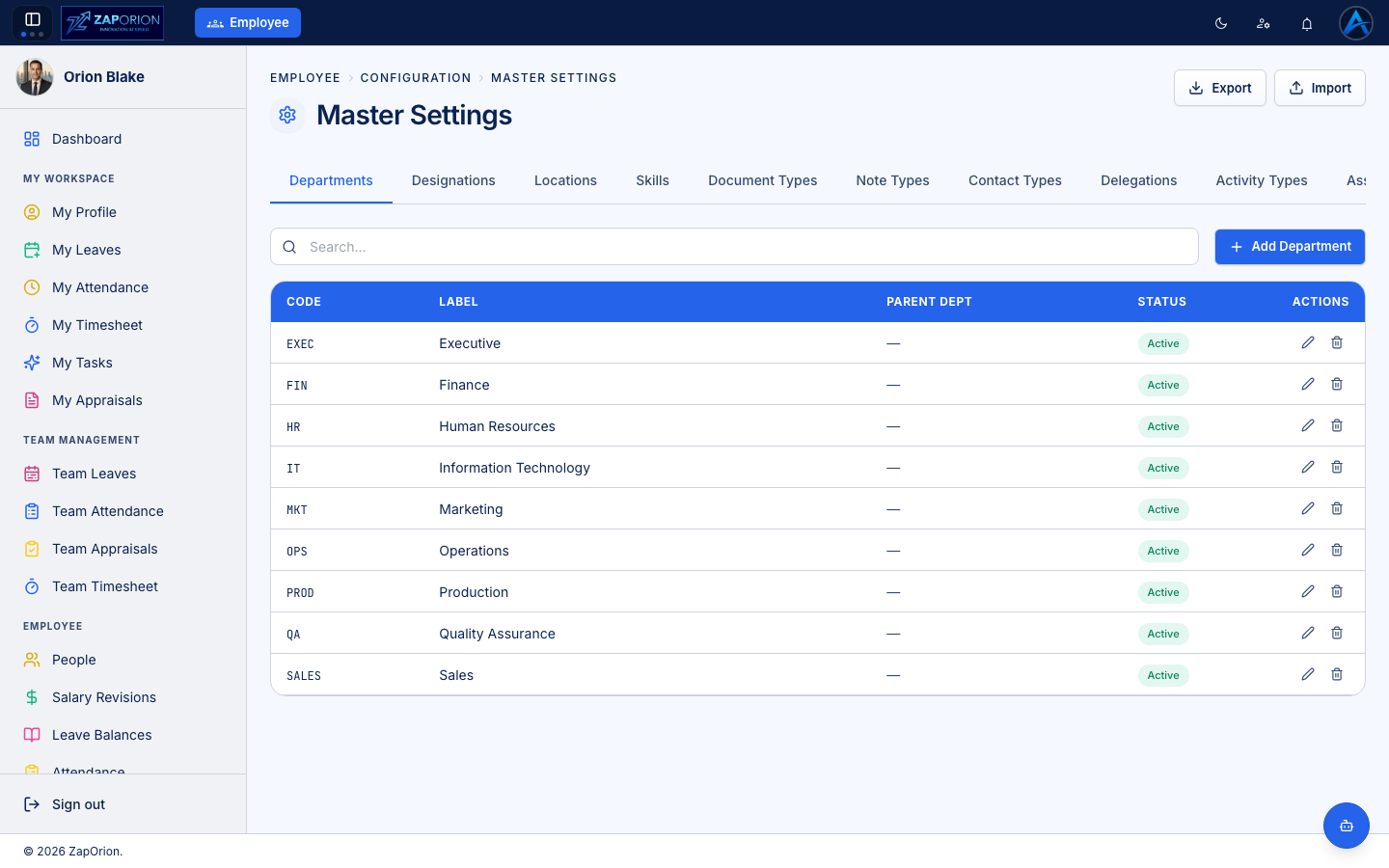 Master Settings page