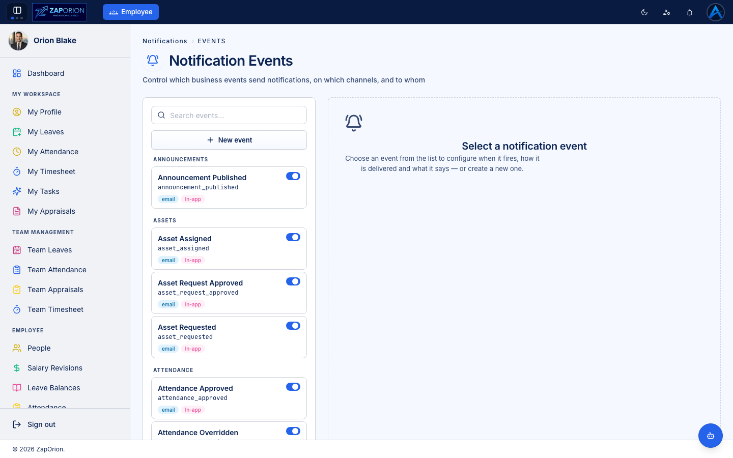 Notification Events page