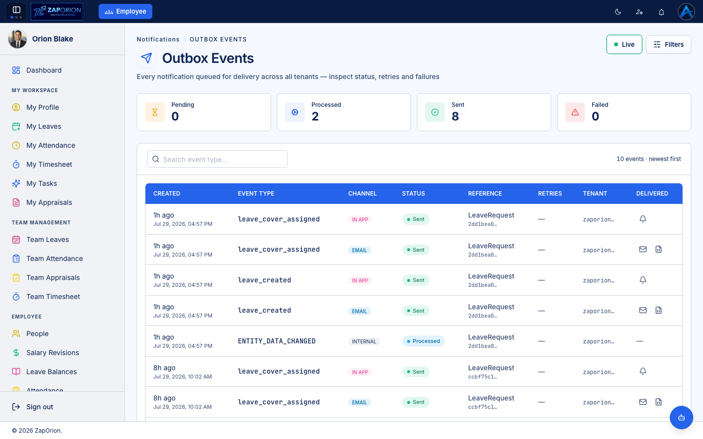 Outbox Events page