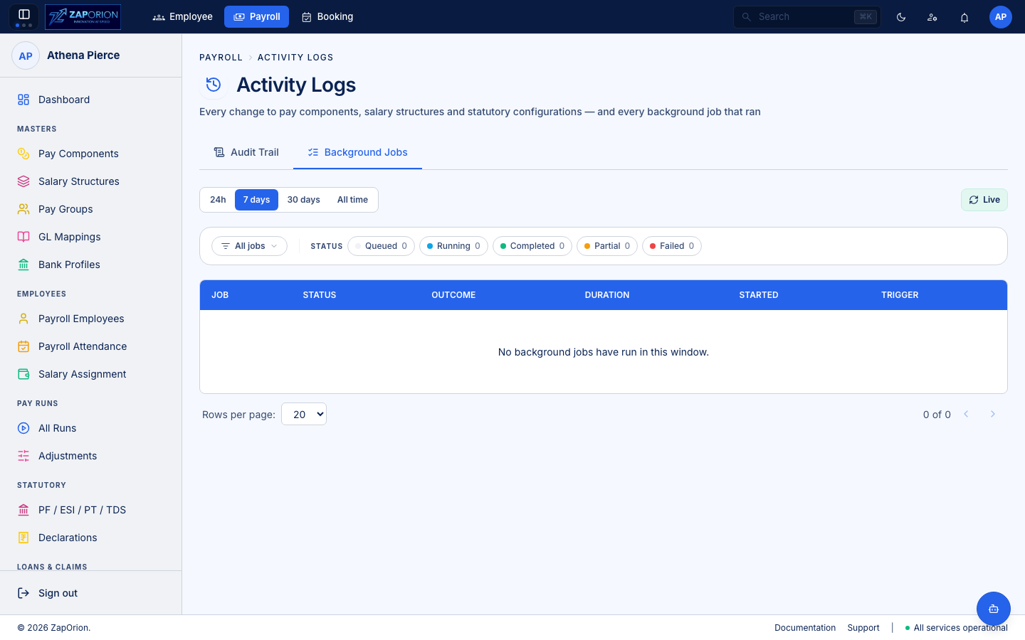 Payroll Activity Logs Background Jobs tab