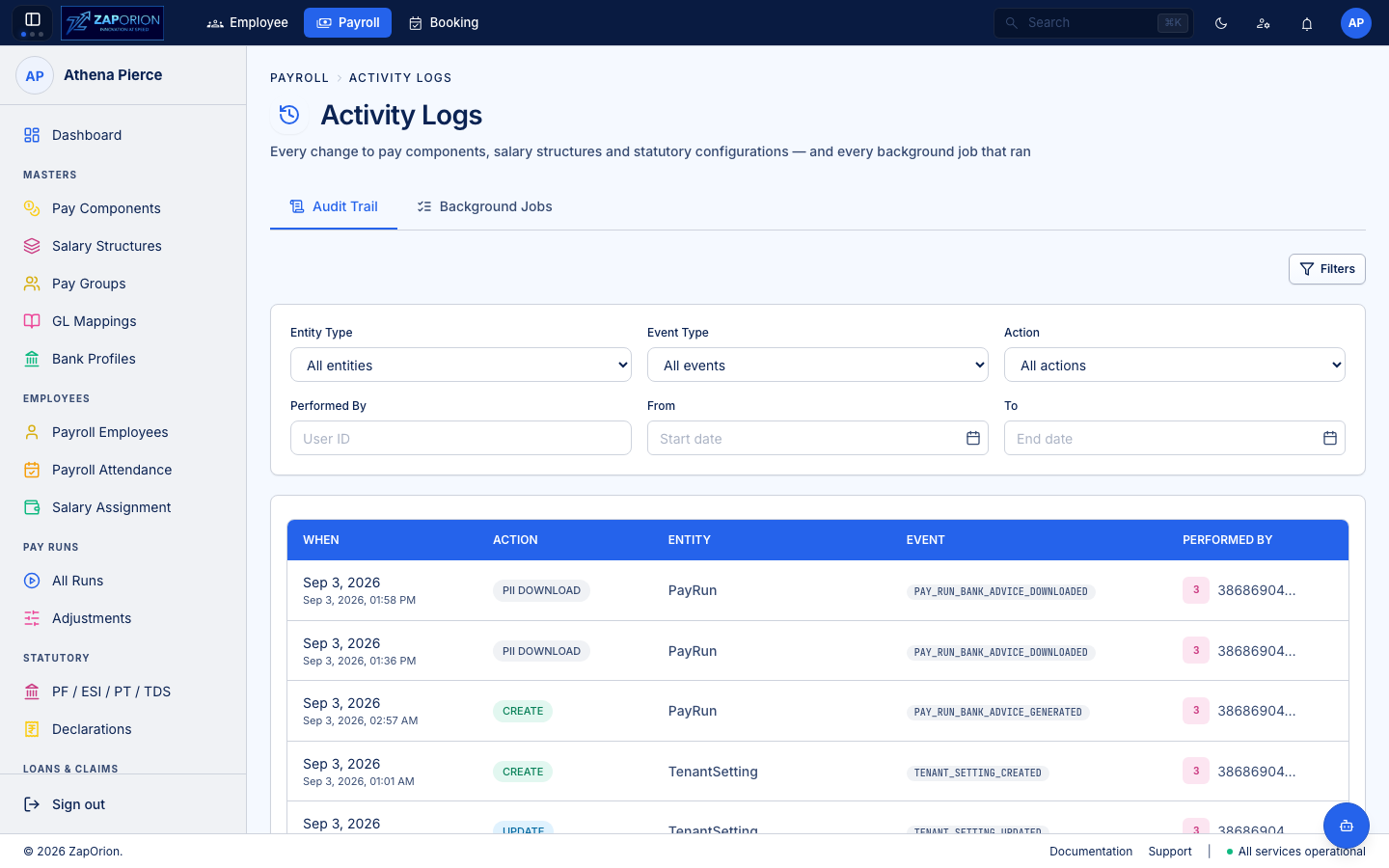 Payroll Activity Logs page