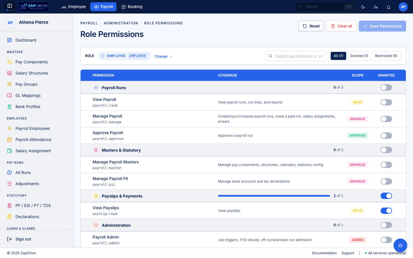 Payroll Role Permissions page