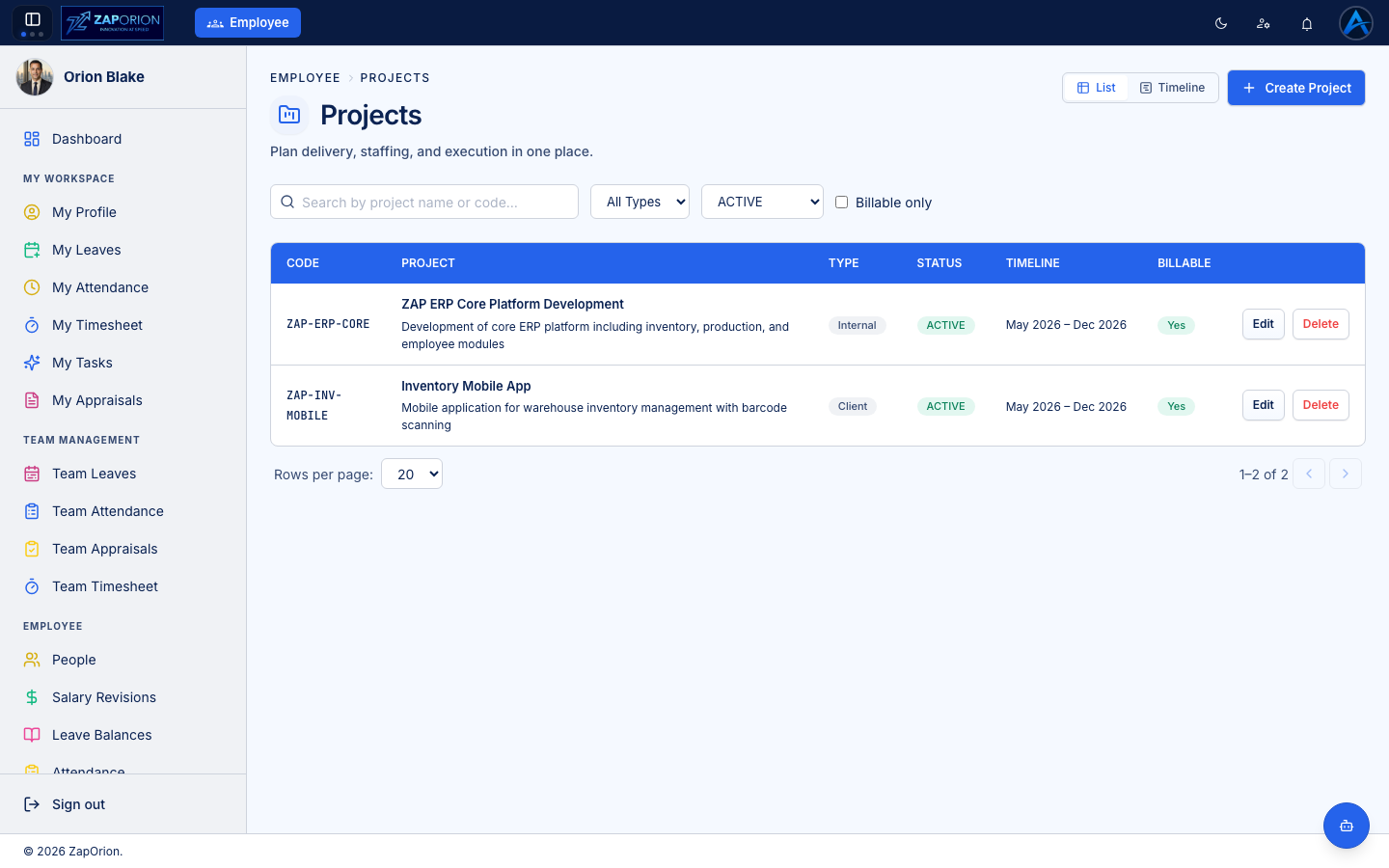 Projects page