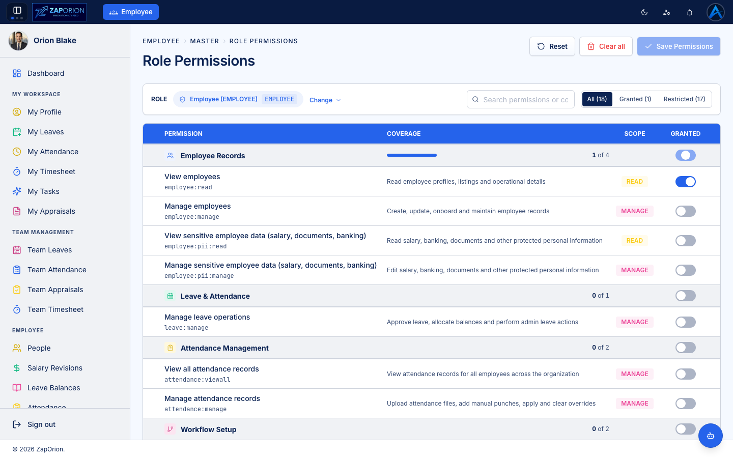 Role Permissions page
